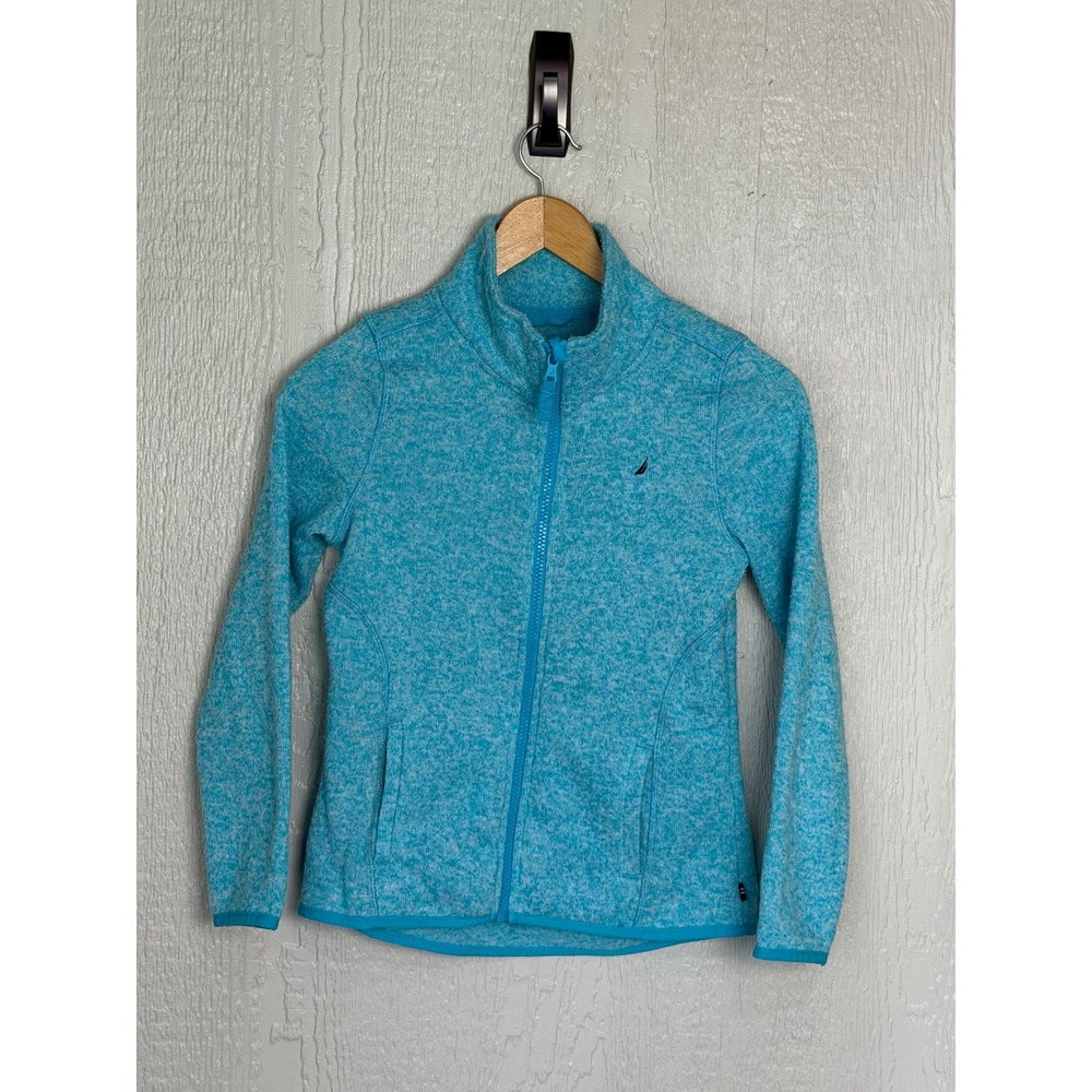 Nautica Girls Blue Space Dye Fleece Jacket Full Zip Mock Neck Size M 8/10 Spring